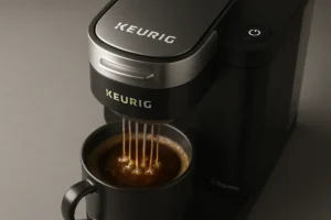 Black Keurig K-Suprano coffee maker brewing streams of hot coffee into a matching black mug on a gray surface.