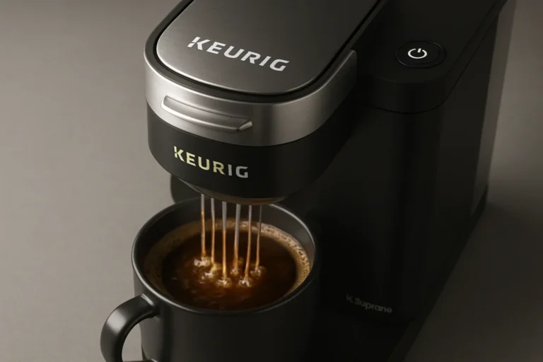 Black Keurig K-Suprano coffee maker brewing streams of hot coffee into a matching black mug on a gray surface.