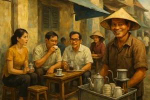 Vietnamese coffee vendor smiling, serving traditional phin-filtered coffee to customers at an outdoor street stall.