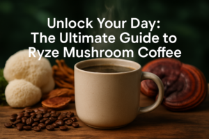 Steaming mug of Ryze mushroom coffee surrounded by Lion's Mane, Reishi, Cordyceps mushrooms, and coffee beans.