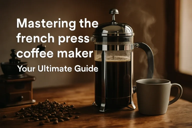A steaming French press coffee maker, a warm mug, fresh whole beans, and a vintage grinder on a wooden table.