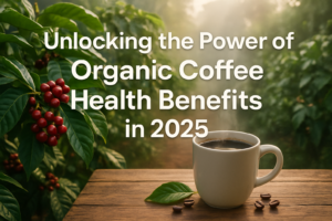Steaming coffee mug on a wooden table with coffee plant, red berries, and beans. Text: Unlocking the Power of Organic Coffee Health Benefits in 2025.