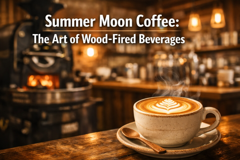 Text 'Summer Moon Coffee: The Art of Wood-Fired Beverages' overlays a steaming latte with a rosetta pattern, next to a wood-fired coffee roaster.