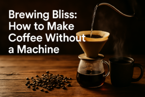 Manual pour-over coffee being brewed on a wooden table, with steam, coffee beans, and a black mug nearby.