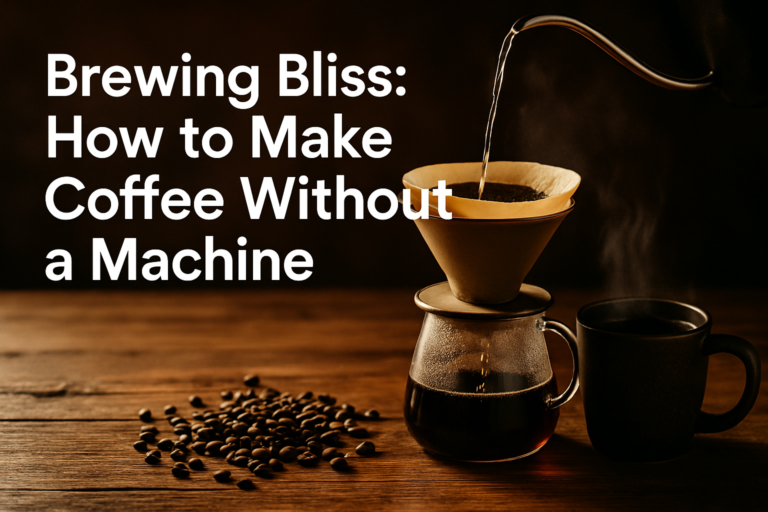 Manual pour-over coffee being brewed on a wooden table, with steam, coffee beans, and a black mug nearby.