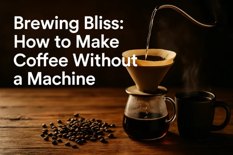Manual pour-over coffee being brewed on a wooden table, with steam, coffee beans, and a black mug nearby.