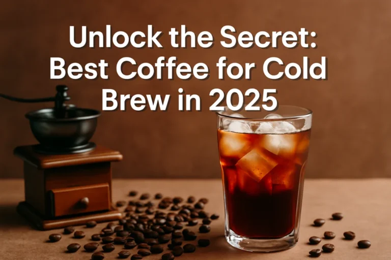 Glass of iced cold brew coffee next to a manual grinder and coffee beans. Text: 'Unlock the Secret: Best Coffee for Cold Brew in 2025'.