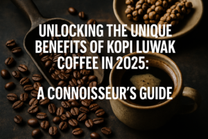 Kopi Luwak coffee beans, cup, and raw cherries on a dark background with text: 'Unlocking the Unique Benefits of Kopi Luwak Coffee in 2025: A Connoisseur's Guide'.