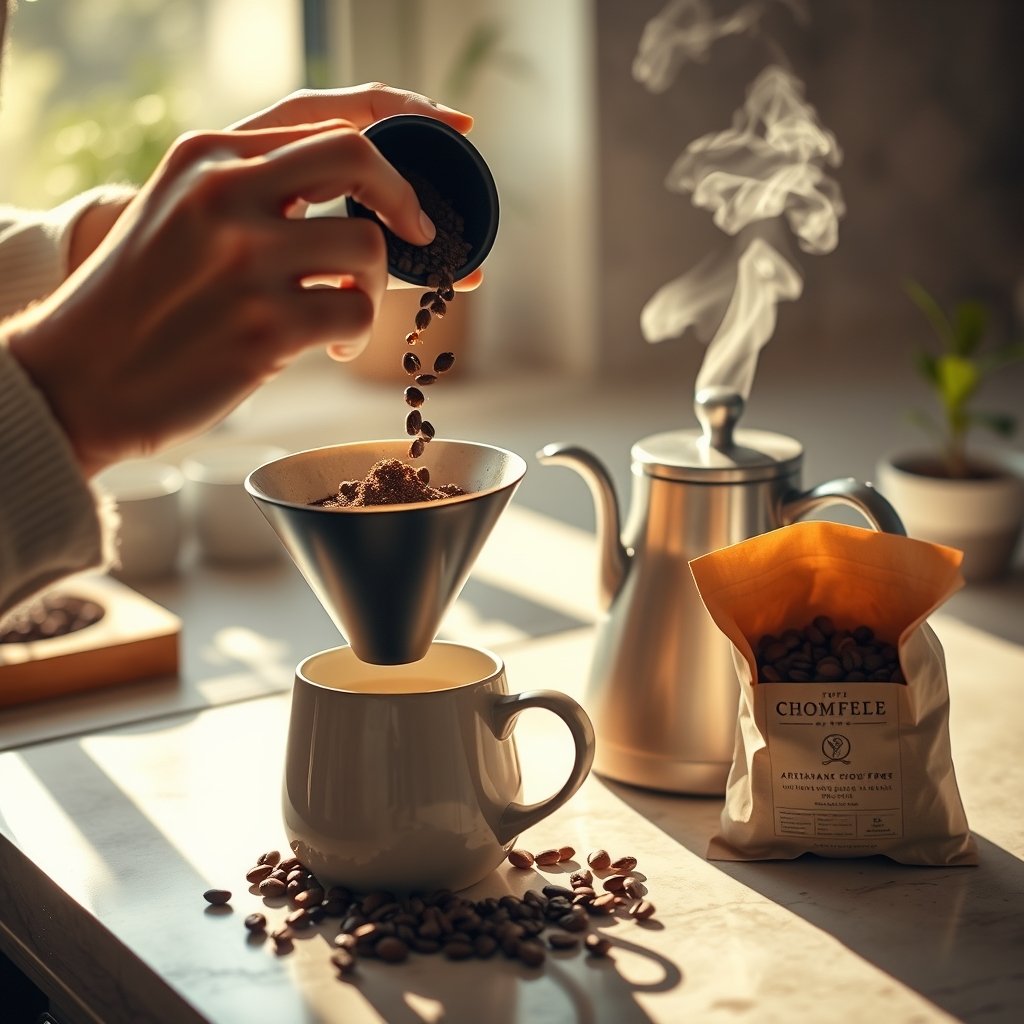 Hands carefully pour fresh coffee beans into a pour-over dripper over a white mug, a steaming kettle and coffee bag on a sunlit counter.