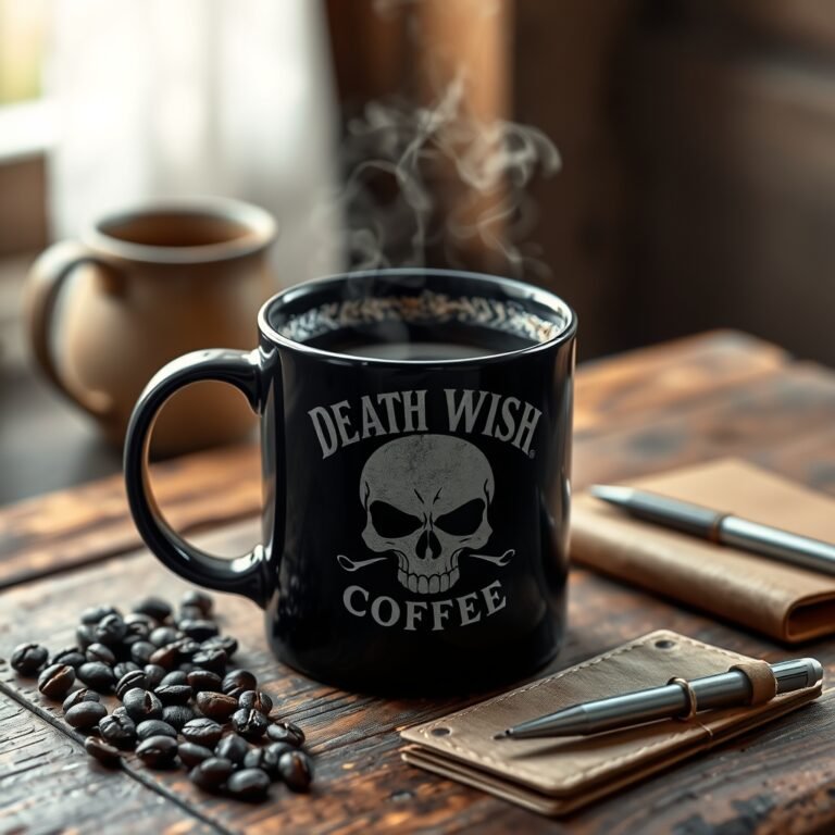 Black Death Wish Coffee mug, skull logo, steaming hot, beside coffee beans and a leather notebook on a wooden table.