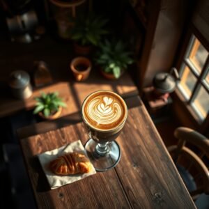 A beautifully crafted latte with heart-shaped art and a golden croissant sit on a sun-dappled wooden table in a cozy cafe setting.