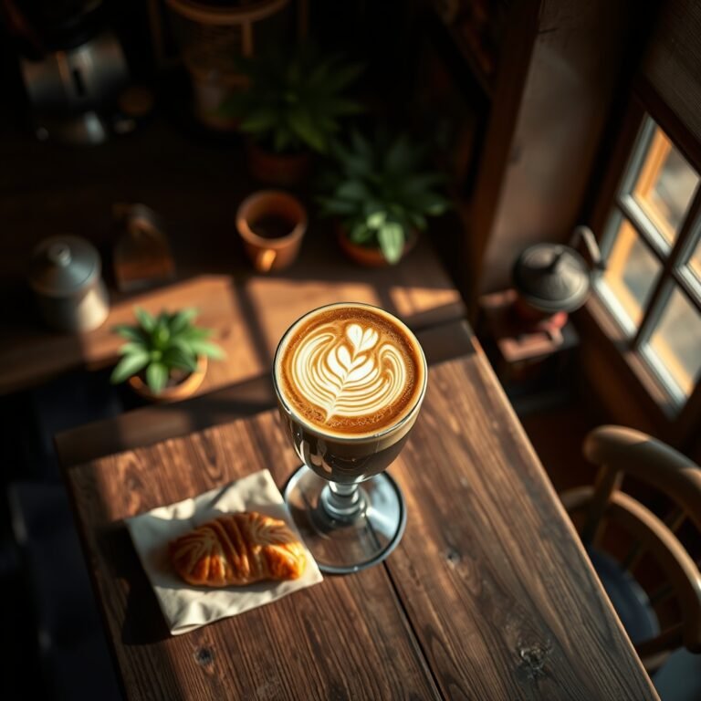 A beautifully crafted latte with heart-shaped art and a golden croissant sit on a sun-dappled wooden table in a cozy cafe setting.