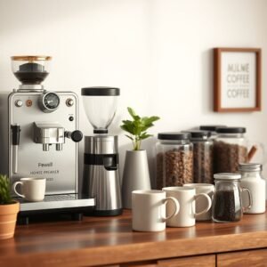 A complete home coffee bar with a silver espresso machine, grinder, jars of coffee beans, and mugs on a wooden counter.