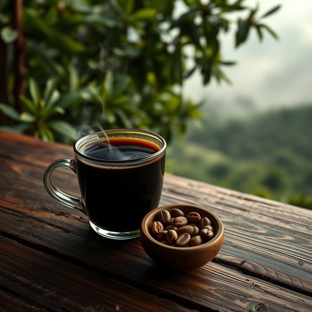 Steaming black coffee in a glass mug with roasted Kopi Luwak beans in a wooden bowl on a rustic balcony, overlooking lush green mountains.